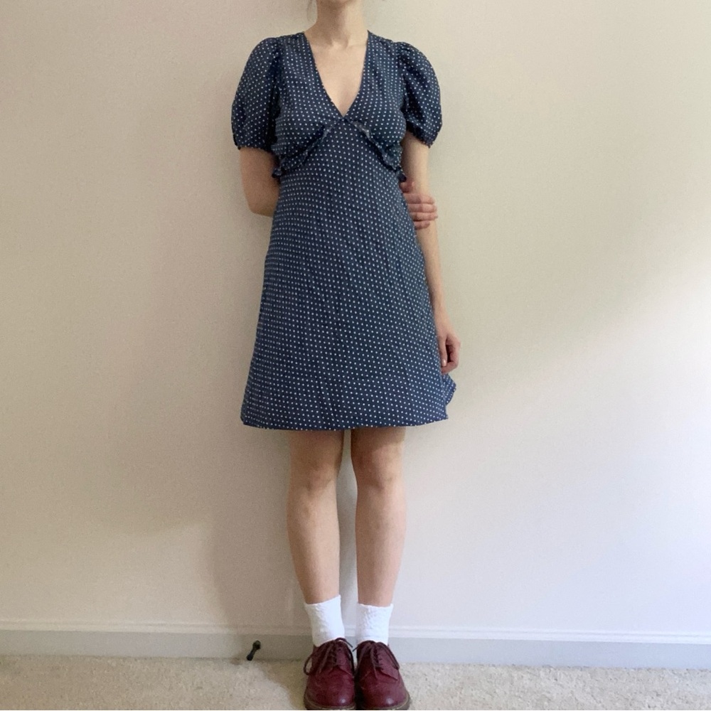 Madewell Polka Dot Babydoll Style Mini Dress Puff Sleeves V-Neck - Picture 6 of 7
